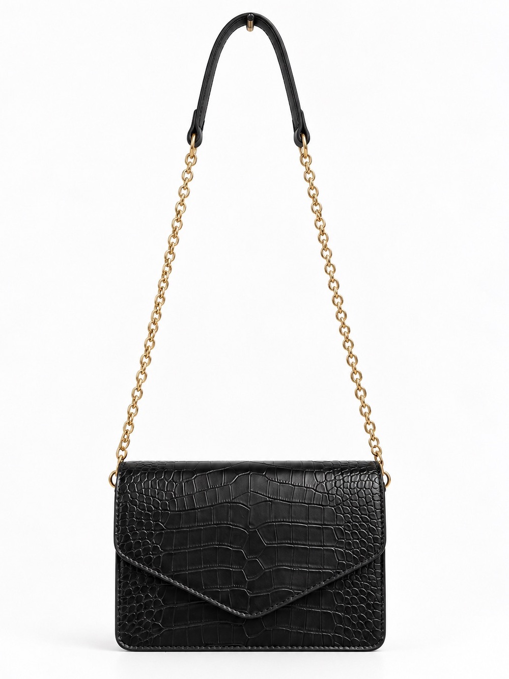 Black Croc-Embossed Envelope Clutch
